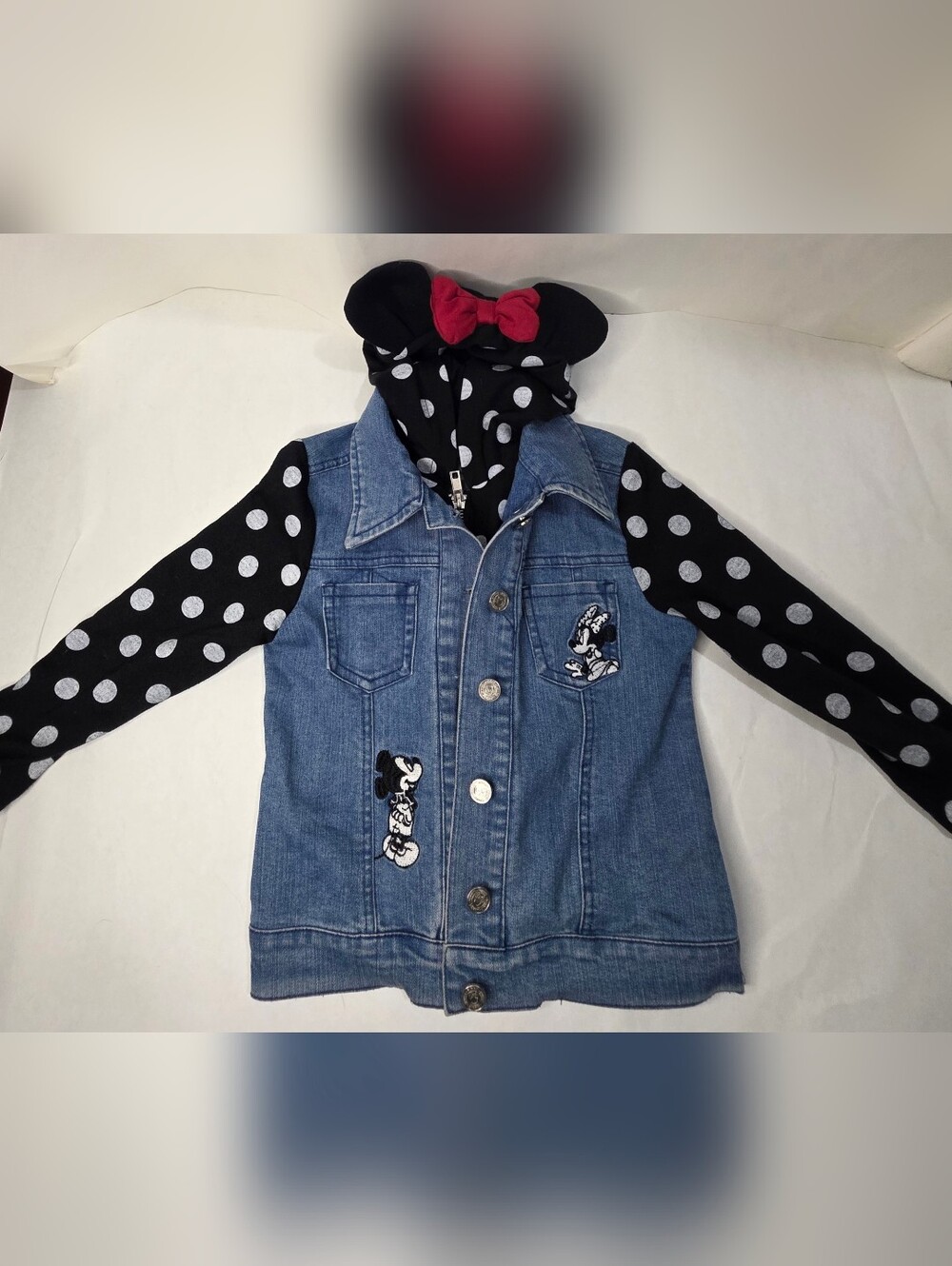 Girls' Minnie Mouse Denim Jacket with Black Polka Dot Hood